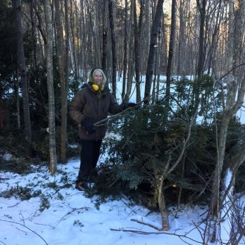 women cutting trees in the woods