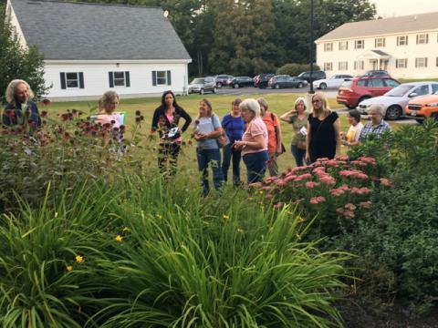 People meet outside for a Pollinator Pathways Conversations event