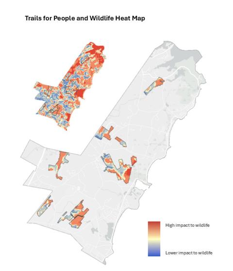 Heat Map from An Inventory of Trails and Assessment of Potential Impacts to Wildlife on Town Conservation Lands in Rye, NH. 2026.